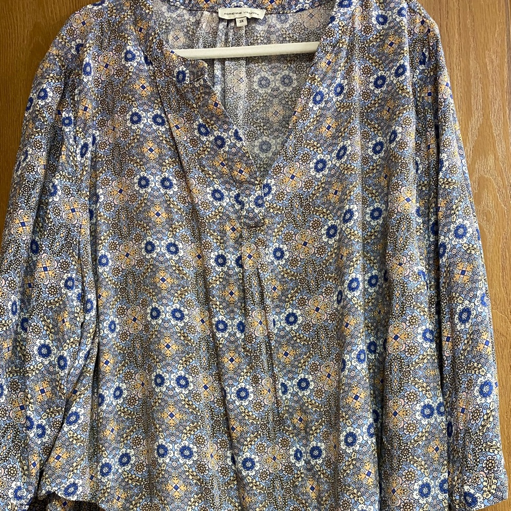 Adrienne Vittadini Blue and Yellow Patterned Blouse